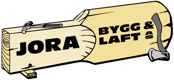 Logo Jora Bygg & Laft på en plankebit, og øks illustrasjon