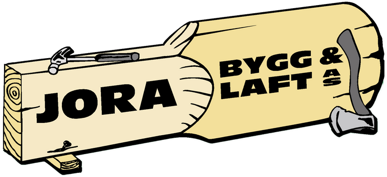 Logo Jora Bygg & Laft på en plankebit, og øks illustrasjon